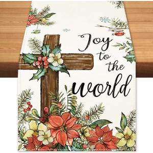 Christmas Poinsettia Cross Table Runner Pine Branch Burlap Table Runners, Winter Xmas Seasonal Coffee Table Center Decor for Home Kitchen Dining Party Indoor Outdoor 13x108 Inch