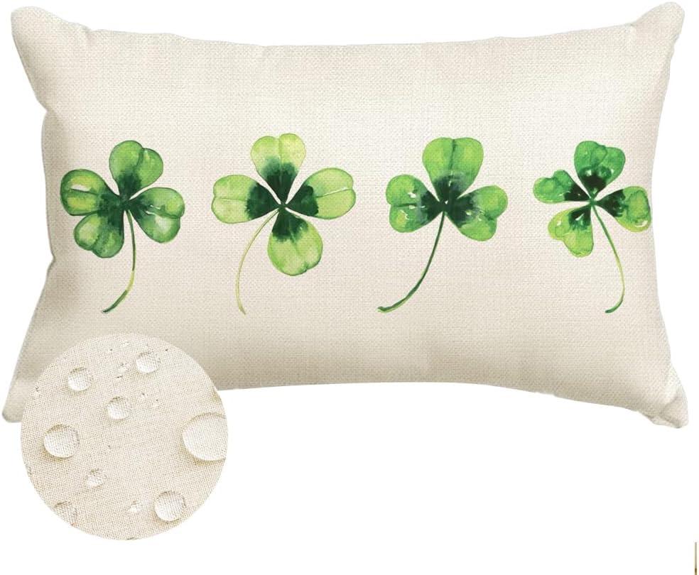 2 x St Patricks Day Lucky Clover White Outdoor Waterproof Throw Pillow Cover,12x20 Inch Shamrock Green Spring Lumbar Cushion Case Decoration for Sofa Couch Patio