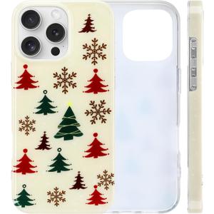 Jusy Cute Christmas Case for iPhone 16 Pro Max, Cute Aesthetic Christmas Tree Pattern Phone Case, Soft TPU Protective Phone Cover for Women Girls - Beige