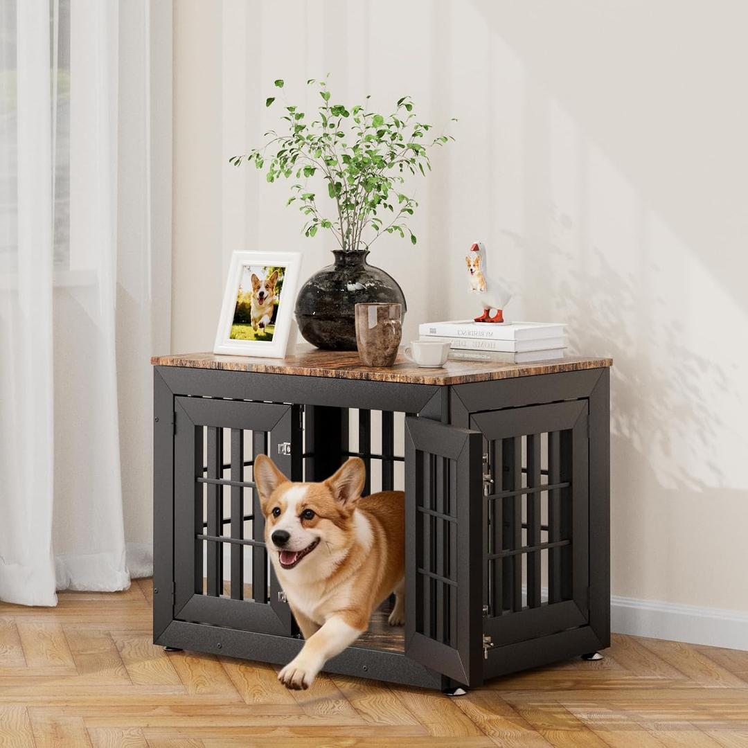 Snuowu 32" Heavy-Duty Dog Crate Furniture for Small/Medium Dogs, Rustic Wooden Dog Cage Kennel Indoor Furniture, Decorative Pet House End Table, Black & Wood