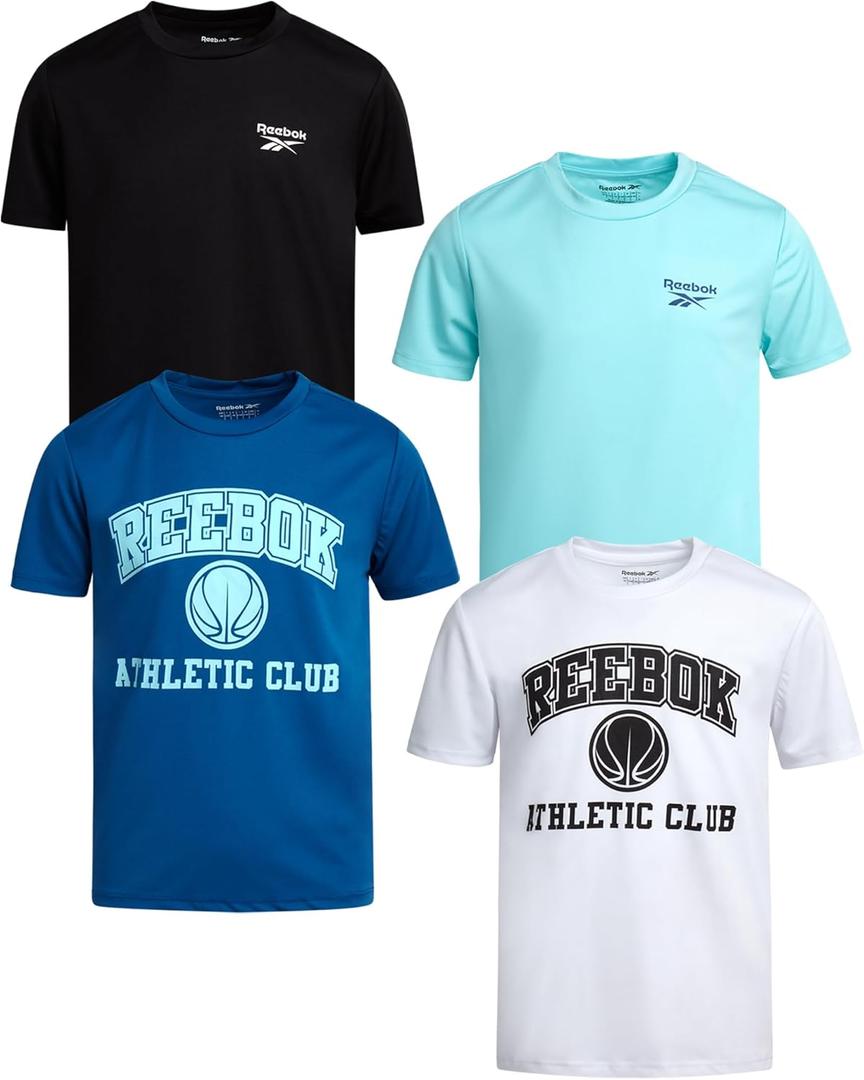 Reebok Active Boys Tshirts - 4 Pack Dry Fit Crew Neck Short Sleeve Boys Athletic Shirts Youth Kids Activewear (10-12, White/Black/Blue/Aqua)