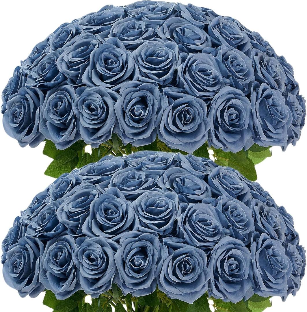 100 Pcs Fake Dusty Blue Roses, Artificial Blue Flowers Bulk Realistic Silk Faux Rose with Long Stems for Wedding Bridal Bouquet Anniversary Floral Arrangement Decor