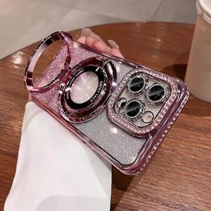 Luxury Bling Diamond Case for for iPhone 16 Pro Max 6.9" - Clear Transparent Back with Glitter Card & Sparkling Rhinestones, Magnetic Kickstand, Shockproof Protection - Dazzling Cover for Women, Pink
