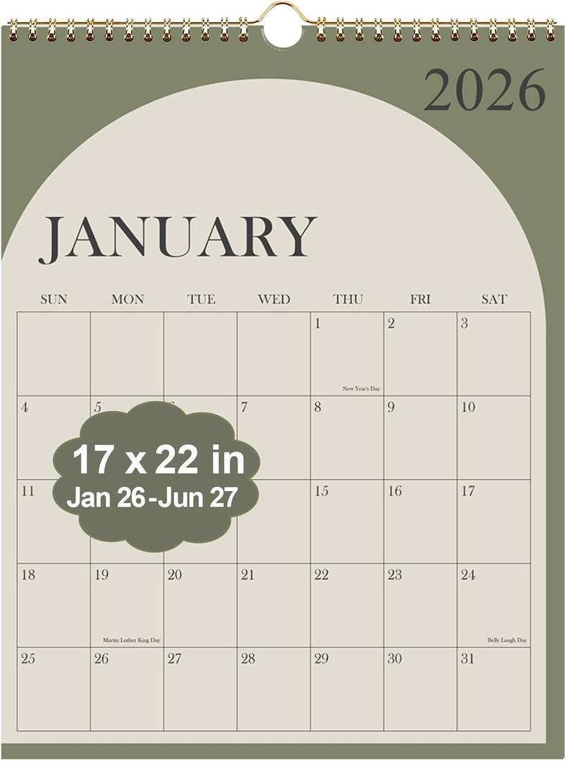 Large Calendar 2026 with Spiral Bound - 18 Month Big Calendar from January 2026 to June 2027, Vertical Large Monthly Calendario 2026 for Wall, 22" x 17", Green