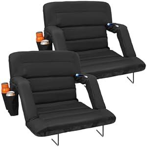 Suteck Stadium Seats with Back Support 2 Pack – 25" Wide Folding Bleacher Chairs, 6-Position Recline, Waterproof with Side Storage Bags, Portable Cushioned Seats for Outdoor Sports & Events