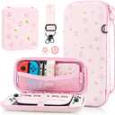 GLDRAM Pink Sakura Carrying Case Bundle for Nintendo Switch & OLED, Elegant Switch Travel Case Protector for Girls, Accessories Kit with Shoulder Strap, Cherry Blossom Game Card Holder & Thumb Caps