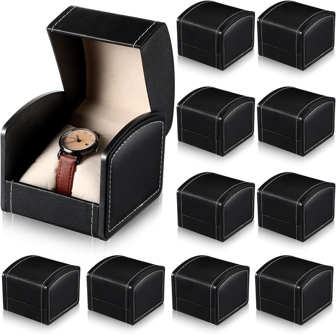 Tondiamo 10 Pack Single Watch Case PU Leather Watch Travel Case with Pillow Cushion Black Wristwatch Display Holder Organizer for Women and Men