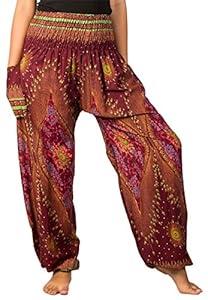LOFBAZ Harem Pants for Women Yoga Boho Hippie Clothing Bohemian Palazzo Beach Maternity Pajama Gypsy Indian Travel Clothes Floral 1 Maroon M