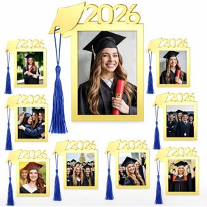 Novabright 8 Set Mini Graduation Picture Frame Acrylic Class of 2026 Wallet Size Gold Photo Frame Ornament with Blue Tassel Grad Cap 4 x 3 for DIY Graduation Keepsake Display Congrats Gift Party Decor