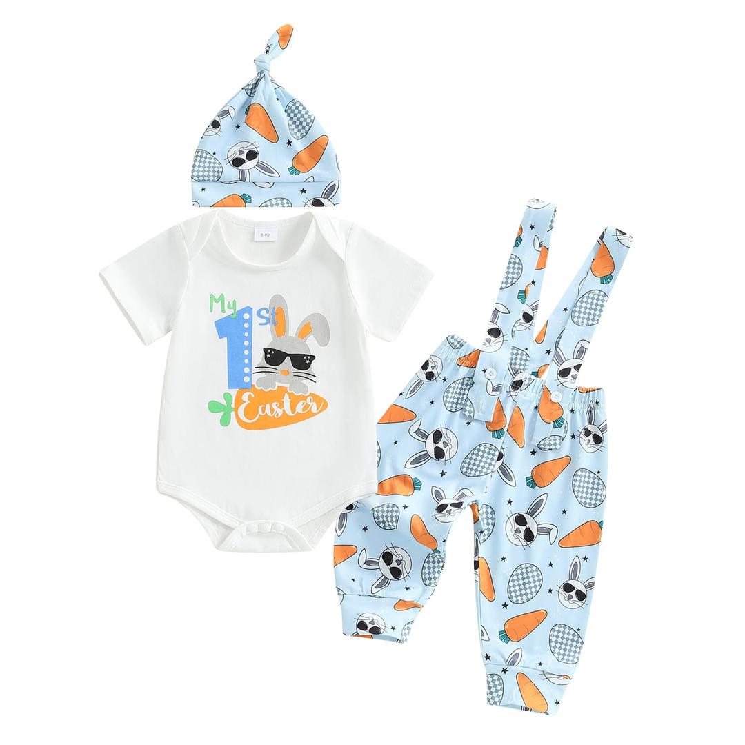 LAGKIYOJ My First Easter Baby Boy Outfit Bunny Embroidery Farm Romper Plaid Overall Ears Hat Newborn Baby Easter Clothes (Blue Easter Bunny, 9-12 Months)