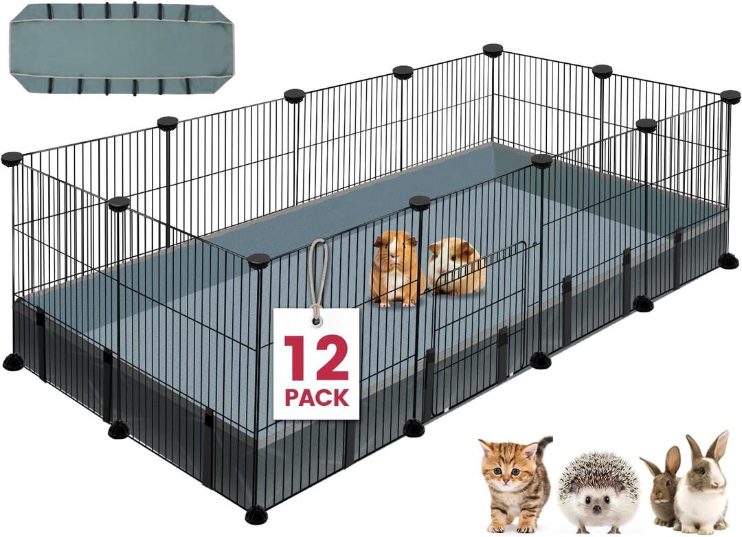 12 Panels Small Animal Playpen, 48" x 24" x 16" Pet Playpen with Waterproof Mat, C&C Cage for Guinea Pigs, Puppy Play Pen, Bunny Playpen, Indoor Outdoor Portable Metal Wire Yard Fence