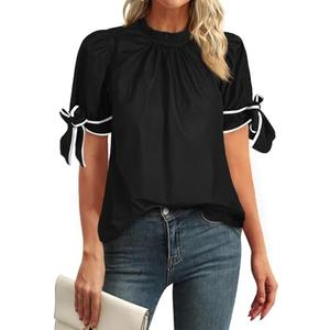 Cicy Bell Womens Summer Bow Puff Sleeve Blouse Dressy Casual Pleated Cotton Tops Mock Neck Loose Fit Shirts Black