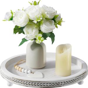 Handmade 12 Inch Decorative Tray, Small Beaded Tray Coffee Table Decor, White Washed Round Wooden Tray for Coffee Table, Dining Room Table Entryway and Living Room