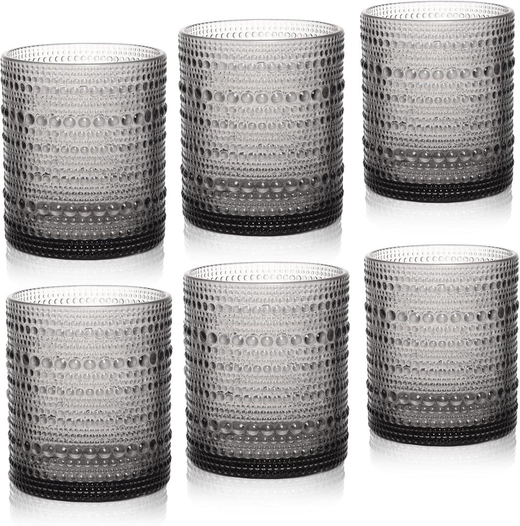 JPPSUJJ Cocktail Glasses 10 oz Hobnail Drinking Glasses Set of 6, Vintage Glassware, Textured Glass Cups Bubble Glasses Water Glasses Old Fashion Jupiter Glasses Set, Grey (Gray)
