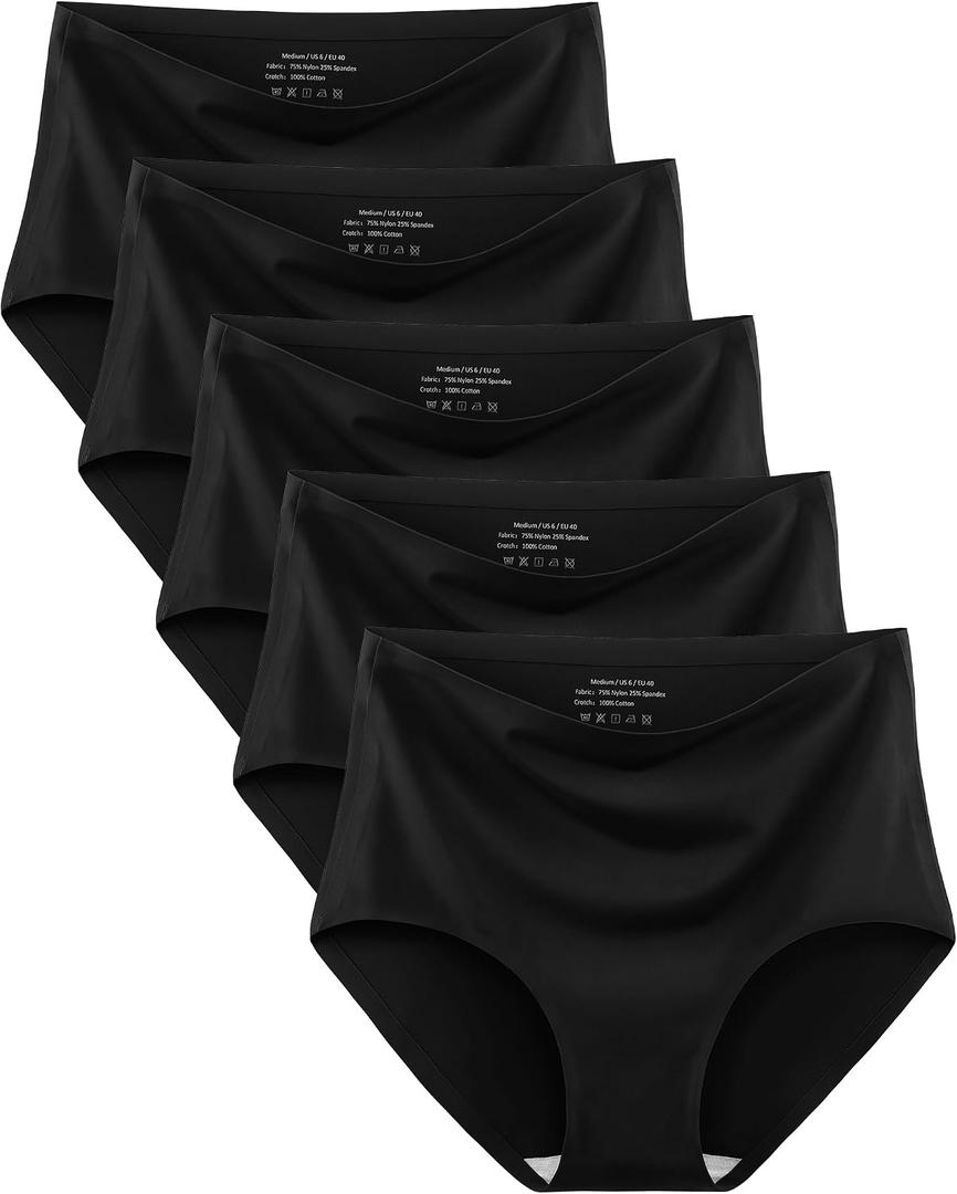 MISSWHO No Show High Waisted Seamless Underwear Women Soft Stretchy Panties 5 Pack (Black, XL)