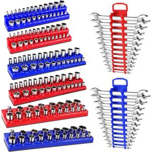 Magnetic Socket Organizer Set, 8PCS Socket Holder Organizer with 6 Socket Trays & 2 Wrench Racks, 1/4", 3/8", 1/2" Metric & SAE Tool Box Organizer for Garage, Workbench and Toolbox