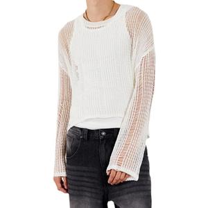 Evankin Men's Long Sleeve T-shirt Hollowed out Semi See Through Top Elastic Loose Knit Sweater Base Layer Bottom Underwear, S