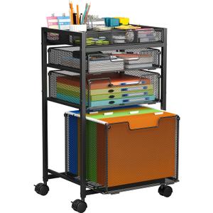 Rolling File Cart with 3 Storage Drawers, Under Desk Filing Cabinet with DIY Divider, Hanging File Folder Organizer on Wheels, Fits A4/Letter Size, Metal Utility Cart for Home Office, Black