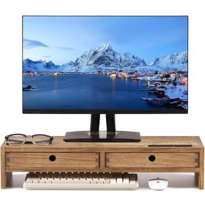 KIRIGEN Wood Monitor Stand with 2 Drawers, Solid Wood Computer Monitor Riser for Desk, Desktop Organizer Shelf with Cable Management, Pen Slots, Brown, No Assembly PMJ-DBR