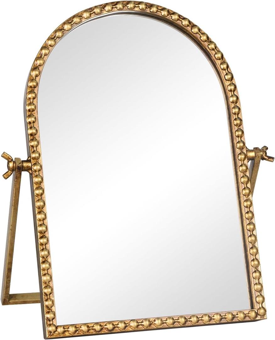 Vintage Desk Makeup Mirror, 11.8" L x 7.9" W Antique Gold Vanity Table Mirror, Metal Framed Arched Small Standing Mirrors with Beaded, 360 Adjustable Rotation for Tabletop, Bedroom