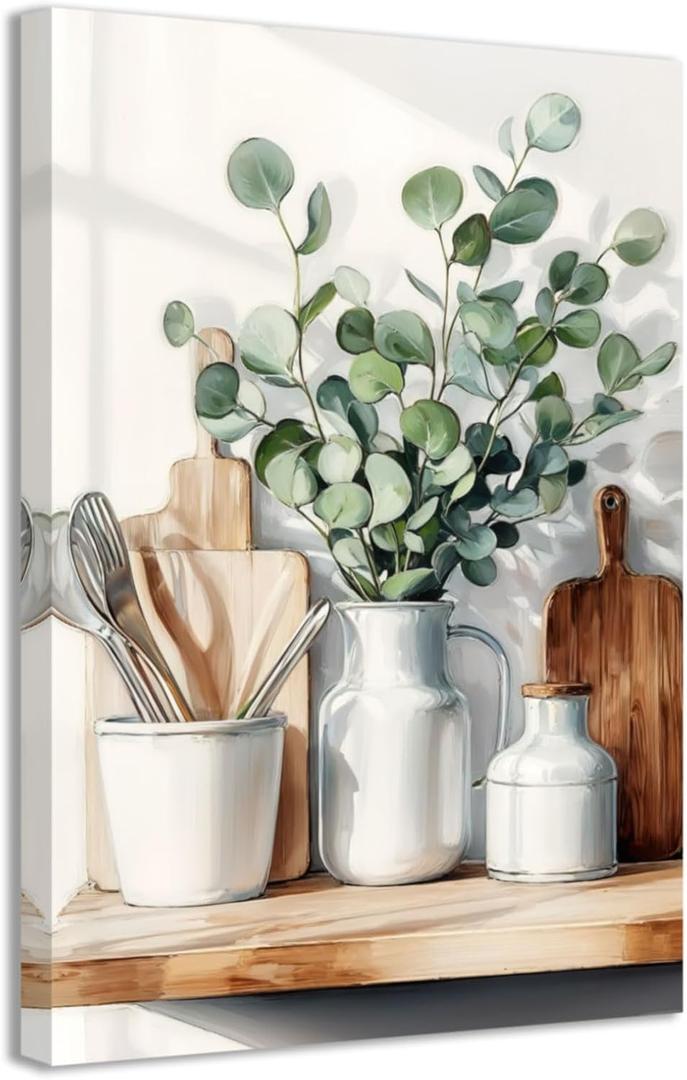 CCWACPP Kitchen Canvas Wall Art Painting Green Plants Canvas Prints Botanical Pictures Framed Rustic Vintage Farmhouse Home Kitchen Dining Pantry Decor Size: 12"L x 18"W