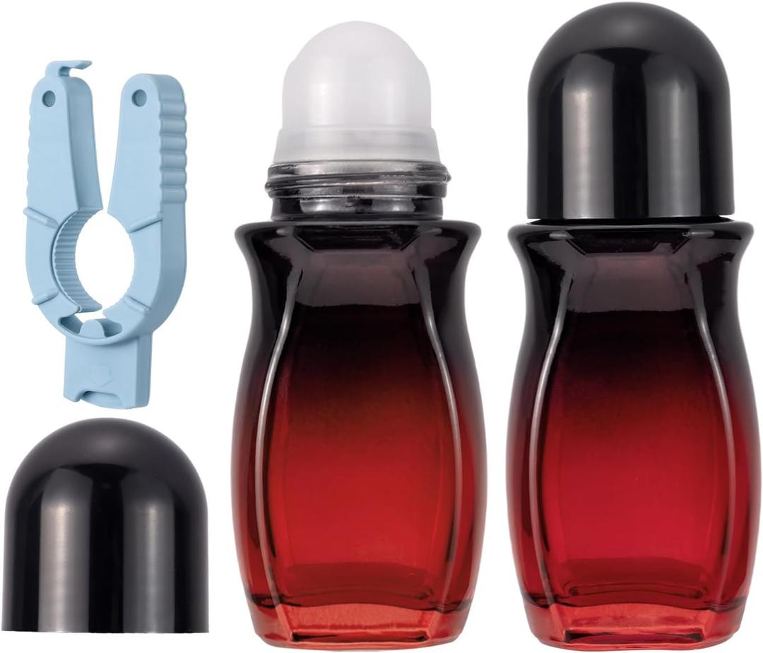 Kesell 2Pack Glass Roller Bottles 50ML Gradient Red Deodorant Bottle with Opener Refillable Glass RollerBall Deodorant Container for Essential Oils, Perfume (Black Lid)