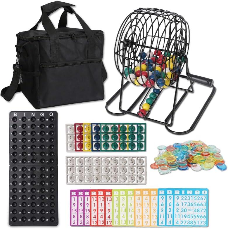 Bingo Game Set with 150 Balls, 8 Metal Bingo Cage with Non-Slip Feet & Storage Bag  Deluxe Bingo Set with 100 Large Print Cards,150 Chips, Master Board for Adults, Seniors & Large Groups