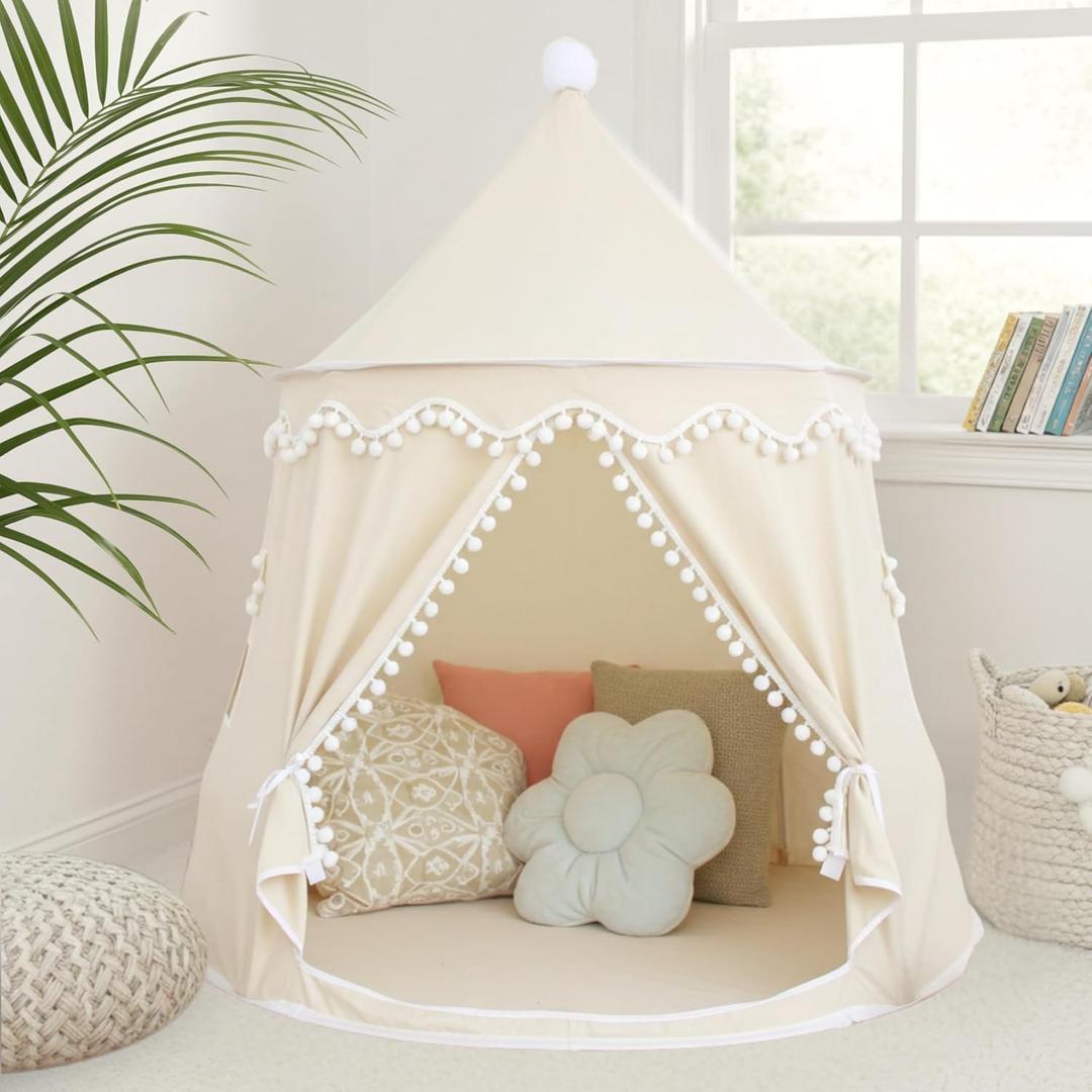 Playhouse Tent for Kid, Breathable Cotton & Hemp Princess Lock with Fiberglass rods and Carrying Bag Gift for Children (Light Biege Tent)