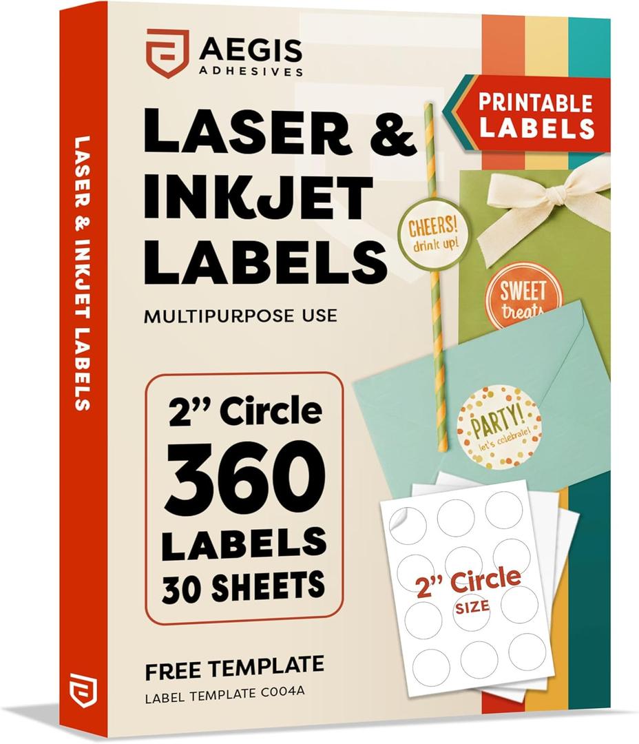 2" Printable Round Labels for Laser and Inkjet Printers - 360 Blank Labels, 30 Sheets of Custom Stickers for Business Logos, Thank You Stickers, QR Codes - Aegis Adhesives Template C004A