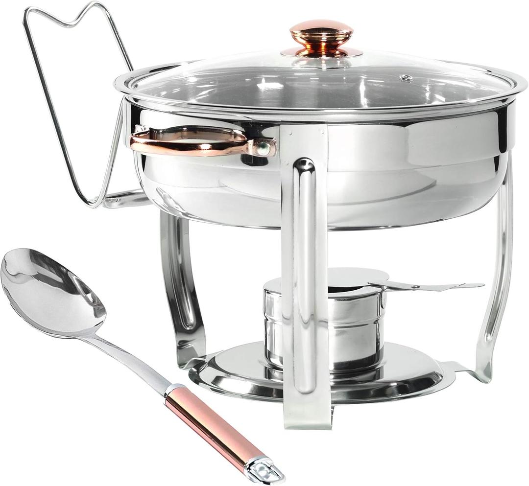 Denmark Tools for Cooks Celebrations Cookware Collection 8 Piece 4-Quart Stainless Steel Round Chafing Dish Set with Glass Lid for Entertaining & Catering