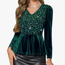 DRESSTELLS Womens Sequin Velvet Holiday Tops Glitter Sparkly Party Blouse Long Sleeve Christmas V-Neck Evening Winter Shirts L