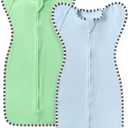 Transition Swaddle, 2 Pack 100% Cotton Baby Sleep Sack, 2-Way Zipper Infant Arm Up Swaddle for Newborn Baby Boys Girls (Blue + Green, S(0-3 Months))