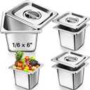 Baderke 4 Pack 1/6 Size Hotel Steam Table Pans with Lids, 6 Inch Deep 0.7 mm Thick 304 Stainless Steel Hotel Pans for Food Warmer, Cooking, Catering, Buffet and Commercial Kitchen Use