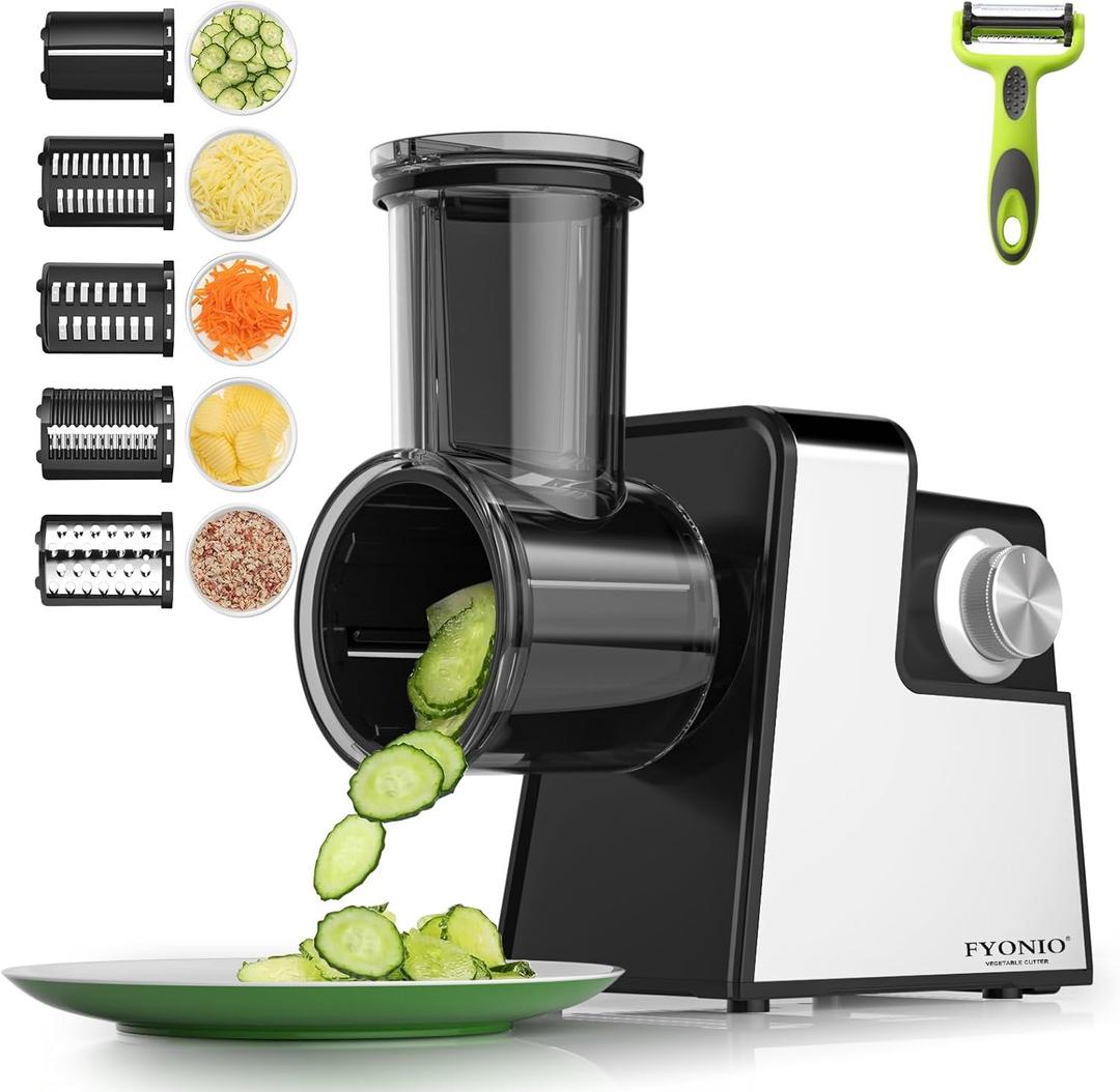 Electric Cheese Grater, 5 in 1 Salad Maker with Stainless Steel Blades, 250W Electric Food Slicer & Shredder, Electric Salad Machine for Cheeses, Fruits, Potatoes, Carrots (Sliver)