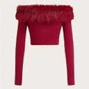 WDIRARA Women's Faux Fur Off Shoulder Crop Coat Zip Up Fuzzy Jackets Long Sleeve Knitted Outerwear (Red, M)