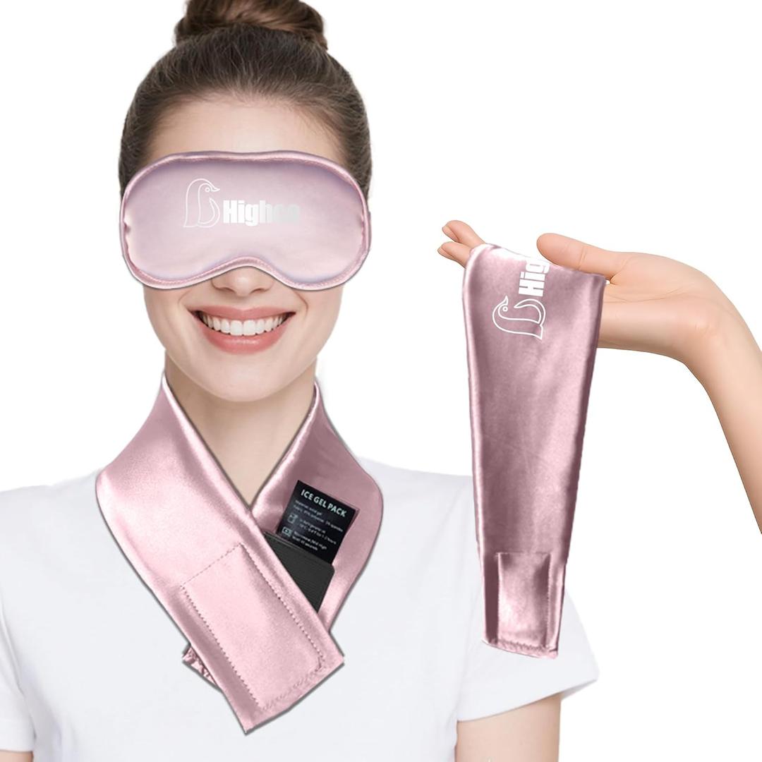 2 Packs Cooling Eye Mask and Neck Ice Pack Wrap,Hot Cold Compress Ice Pack for Neck,Cold Gel Cooling Mask for Sleep,Reusable Ice Eye Mask Cold Compress for Puffy Eyes,Pink