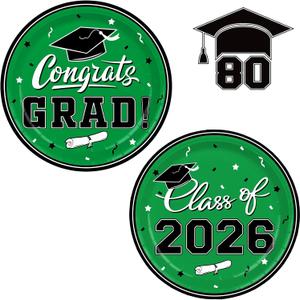 Graduation Party Supplies 2026 Graduation Party Dinnerware Green Disposable Paper Plates for Congrats Grad Party Decorations, Serve 80