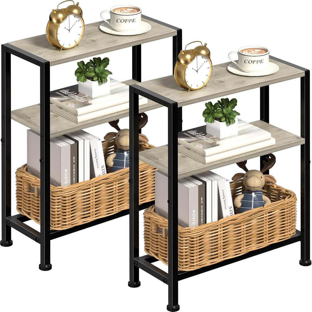 Narrow Side Table Set of 2 for Small Space, 2-Tier Small End Table with Shelf Holder, Slim Nightstand, Skinny Snack Couch Table in Living Room, Bedroom, Study, Kitchen and Balcony (Greige)