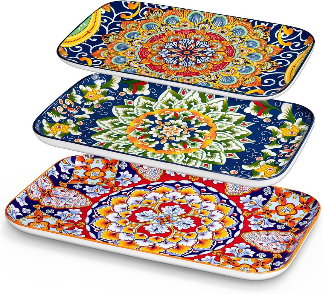 vancasso Serving Platters Set of 3, 12" Inch Rectangular Trays - Extra Large, Ceramic Bohemian Serving Dish for Entertaining Food, Microwave & Dishwasher Safe, Vintage
