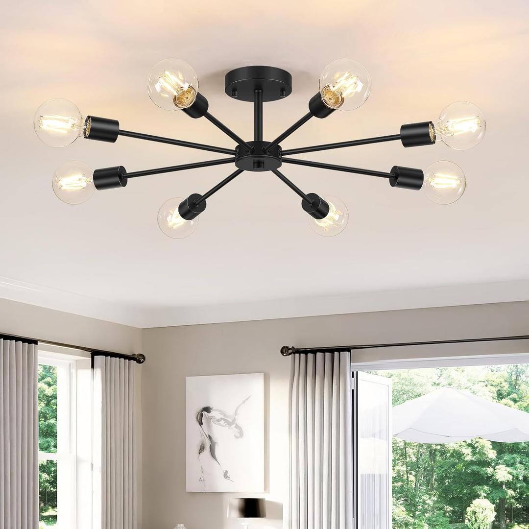 Lomoky 8-Lights Semi Flush Mount Ceiling Light, Matte Black Hallway Ceiling Lighting with E26 Base, Modern Sputnik Light Fixtures for Kitchen Dining Room Bedroom Living Room