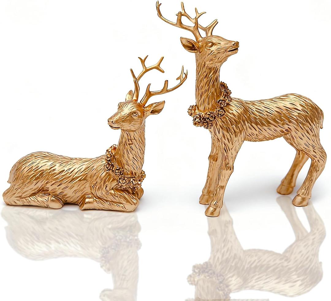 2pcs Pine Nut Reindeer Christmas Decorations, Deer Figurines Home Decor, Elk Figurine, Holiday Home Dcor Accents for Xmas Office Living Room & Bedroom Decorations (Pine Nut Medium, Gold)