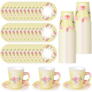 Zopeal 100 Pcs Disposable Tea Party Decorations 9 oz Floral Paper Cup with Handle and Saucer Set for Mother Day Wedding Birthday Spring Princess Blossom Party Baby Shower Supplies(Light Yellow)