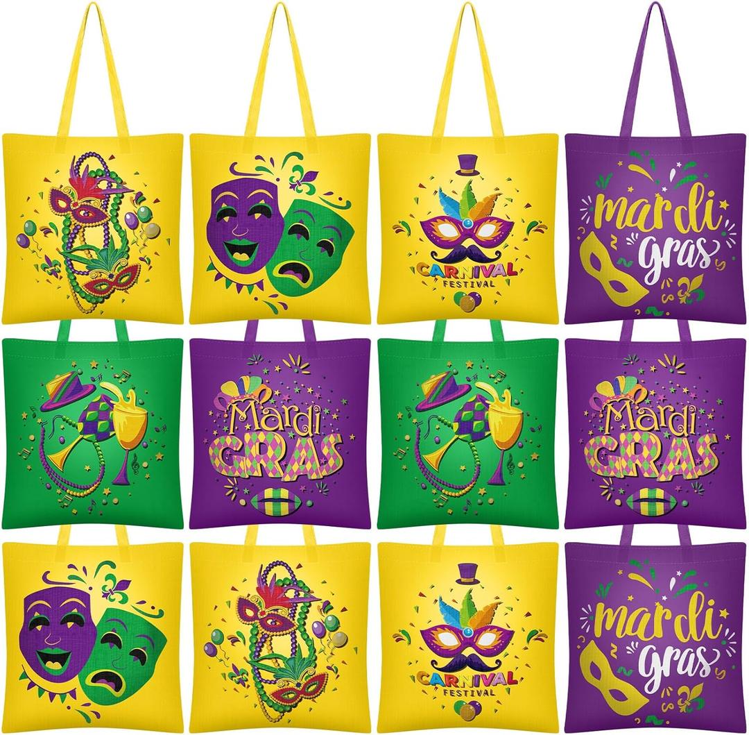 12 Pcs Mardi Gras Bags Canvas Bible Verse Tote Bag Bulk 15.7" x 15" Carnival Outfit Accessories for Women Gifts