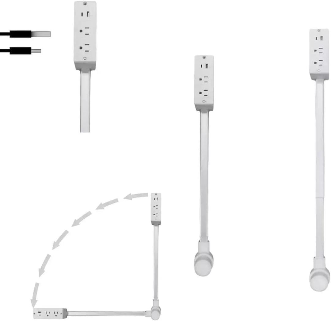 Outlet Extender Features Outlet for Hard-to-Reach Spaces, Extending 21''-27'', 2 AC Outlets, USB-C Ports, USB-A Ports.Suitable for Placement Behind Bedside Tables, desks, Sofas, etc.