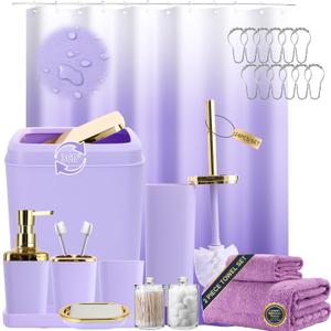 XLHOMO Purple Bathroom Accessories, 24 Pieces Purple and Gold Bathroom Accessories Set with Shower Curtain, Bath Towels, Trash Can, Soap Dispenser and Soap Dish for Bathroom/Housewarming