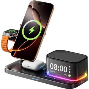 5 in 1 Alarm Clock with Wireless Night Stand Charging Station for Apple All in One Watch and Phone Charging Stand for iPhone 17 Air 16 15 14 13 12 Series Multiple Devices Bedrooms
