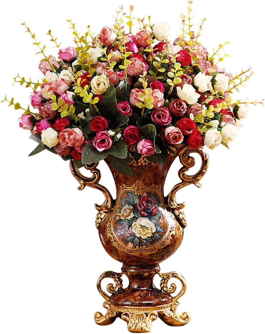 Artificial Vintage Flower Arrangement Vase Set European Golden Resin Vase Fake Flower Decor Wedding Party (Brown)