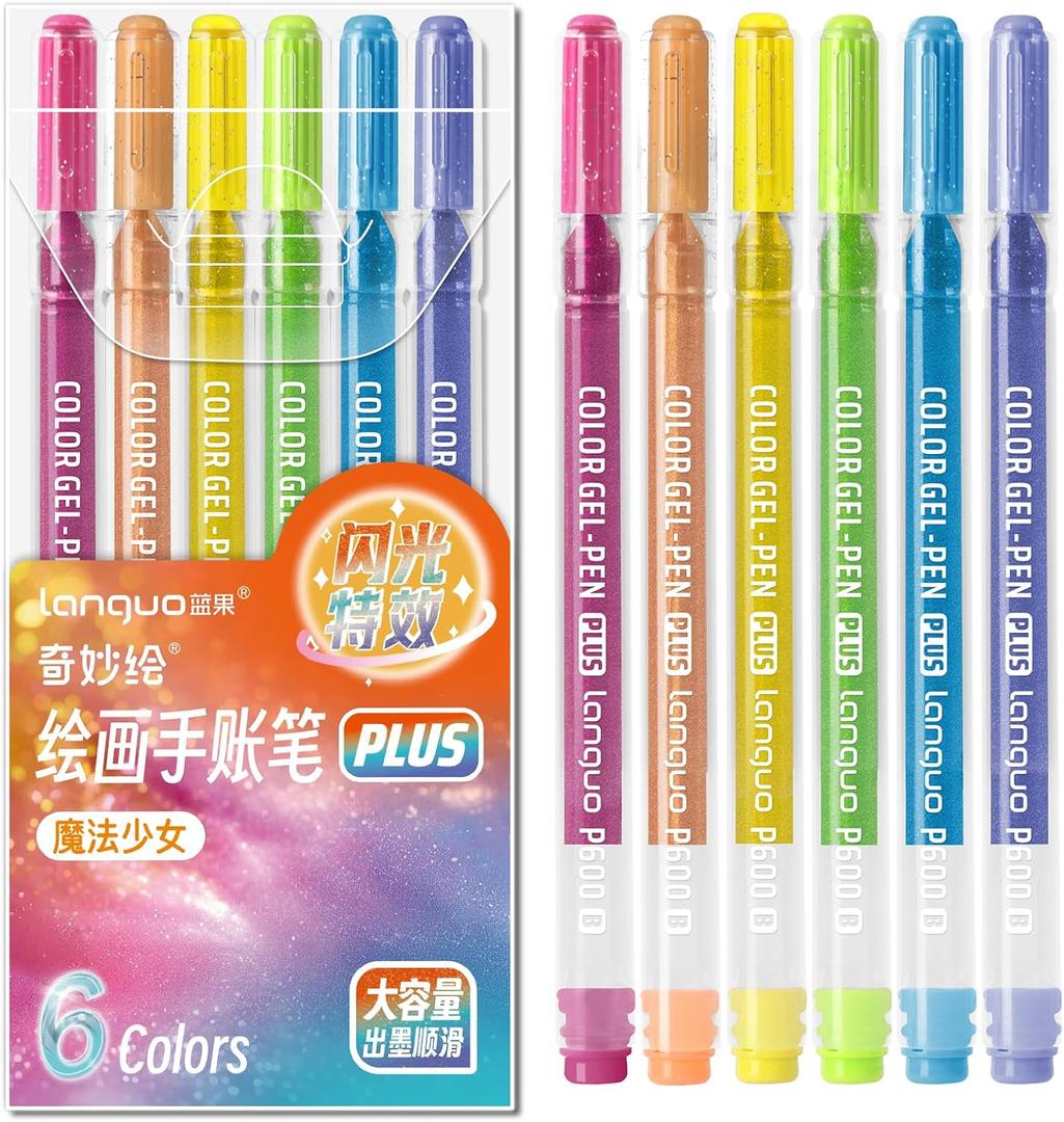 Glitter Gel Pens, 6 Pack Glitter Pens For Adults Coloring Books, 1.0mm Point Colored Pens, Large Capacity Ink Pens for Coloring, Writing, Drawing, Journaling, Note Taking, Office, Home