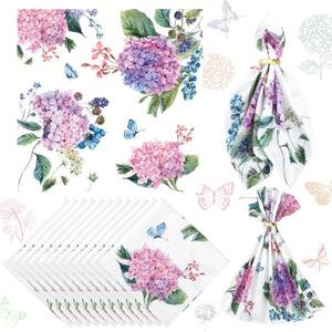 12 Pcs Hydrangea Flowers Cloth Napkins Floral Butterfly 20'' x 20'' Washable Dinner Tea Party Napkins for Kitchen Party Wedding Restaurant Indoor Outdoor Botanical Fresh Spring Summer