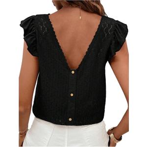 SOLY HUX Women's Lace T Shirt V Neck Ruffle Cap Sleeve Tee Casual Summer Tops (Black, S)